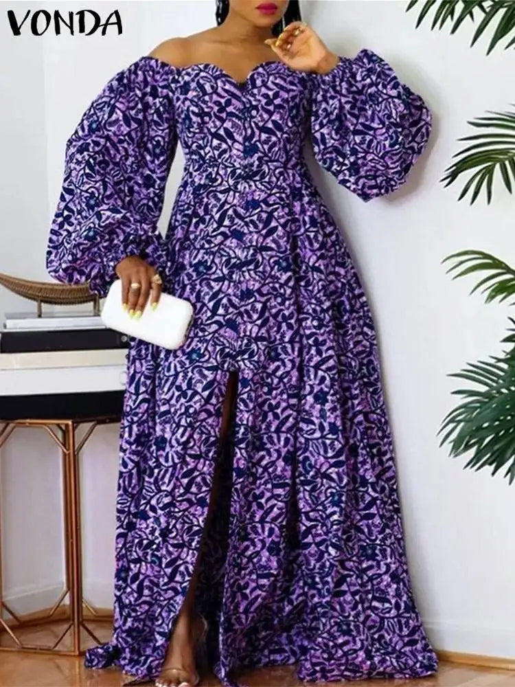 Maxy Plus Size 5XL Women Maxy Dress Off The Shoulder Puff Sleeve Floor-Length Printed Vest Oversize Casual Robe