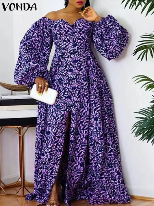 Maxy Plus Size 5XL Women Maxy Dress Off The Shoulder Puff Sleeve Floor-Length Printed Vest Oversize Casual Robe