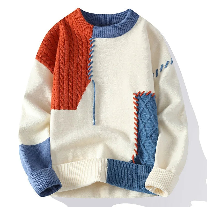 Maxy Autumn Winter Warm Men's Knitted Sweaters Fashion Patchwork O Neck Knit Pullovers Korean Streetwear Pullover Casual Mens Clothing