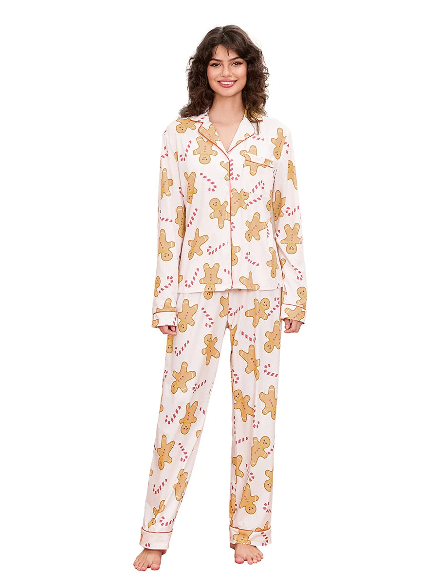 Womens Christmas Max Print Pajamas Set Long Sleeve Turn-down Collar Tops and Pants Loungewear Set