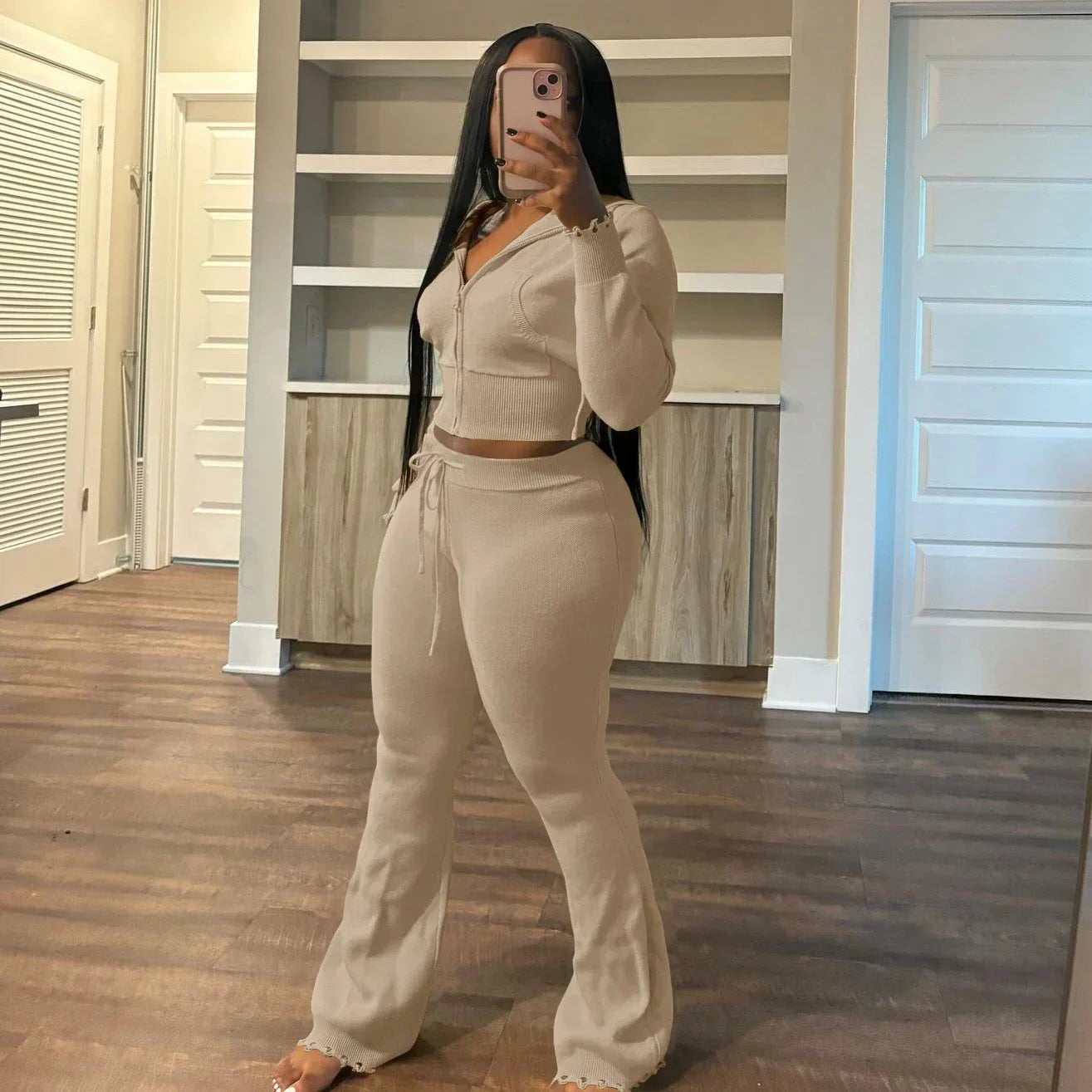 Maxy FAGADOER Casual Knitting 2 Piece Sets Women Outfit Solid Color Zip Crop Hooded Top + Flare Pants Suits Female Streetwear