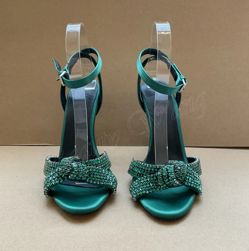 Babs Green Crystal Bow Knot Sandals Wedding Shoes for Women Solid Ankle Buckle Fashion Heel High Heels Shoes 2024