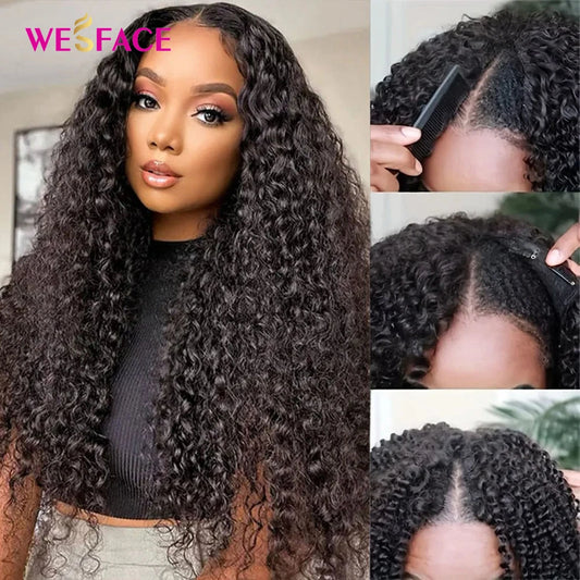 Amay Water Wave Curly V Part Wigs Natural Black Wear To Go Glueless Human Hair Wigs Upgrade V Part Wig Curly Human Hair 180% Density