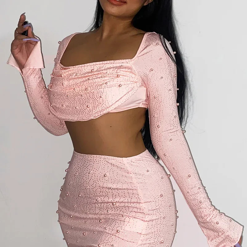 Maxy Luxury Y2k Bodycon Sexy Two-piece Set Skirt Sets Sequins Pearls Women Outfits Evening Party Gowns Chic Dresses Short Suits White