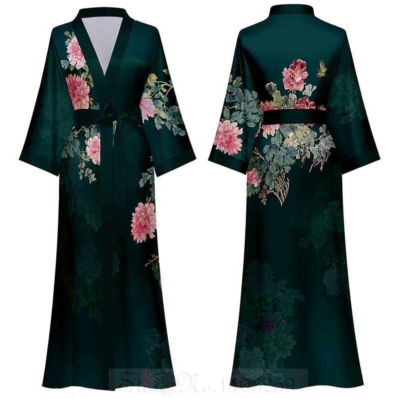 Maxy Japanese Style Half Sleeve Kimono Bathrobe Gown Female Long Robe Nightgown Sleepwear Loose Satin Print Flower Home Dressing Gown