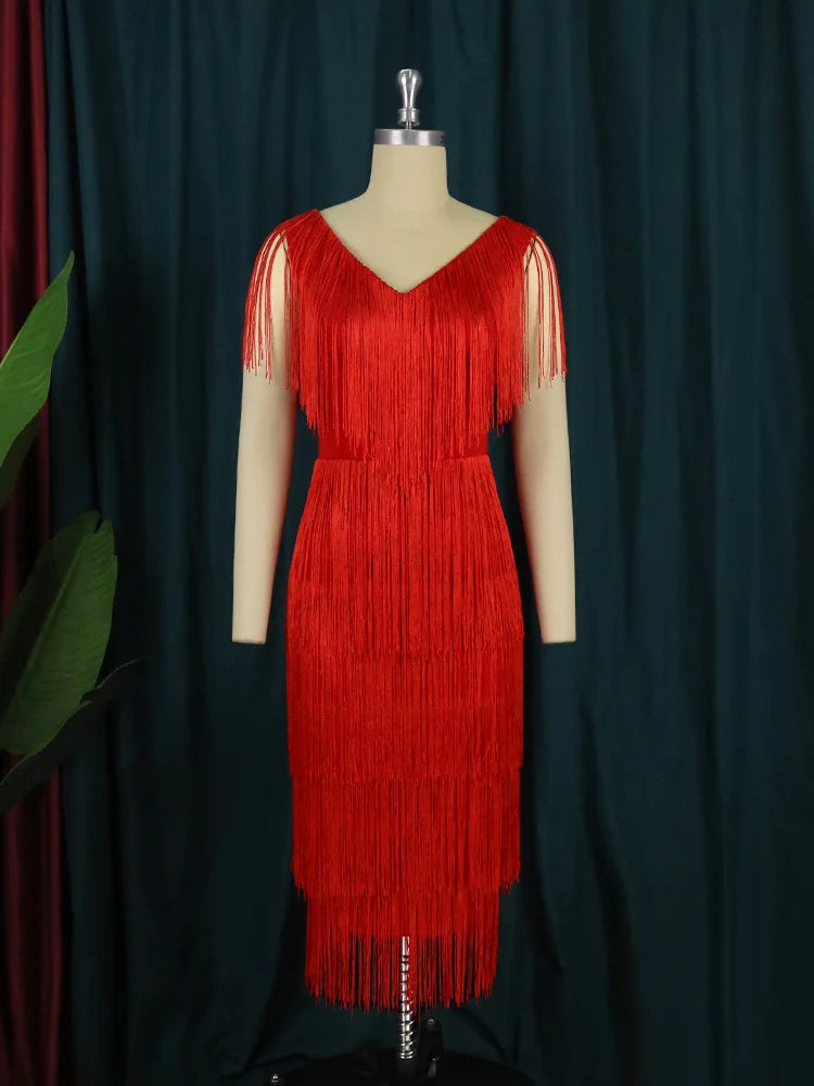 Maxy Plus Size Tassel Sleeveless Elegant Dress Female Luxury Dinner Prom Women Solid Fringed Robe Fashion Large Size Evening Dress