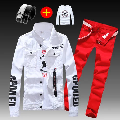 Visco Men's Slim Fit Denim Jacket Pants 2pcs Set Long Sleeve Coats Letters Printed Casual Large Size Black White Red Boys Trousers