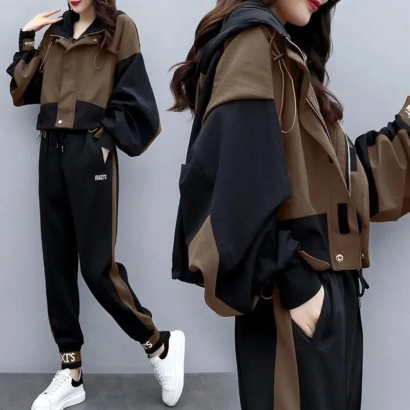 Maxy Spring Autumn Harem Pants Casual Two-piece Sets Women Hooded Patchwork Colour Short Top Suits Female Loose Thin 2-piece Sets