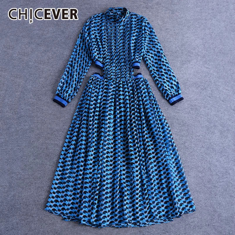 Maxy Print Dress For Women Stand Collar Long Sleeve High Waist Hit Color Hollow Out Midi Dresses Female Fashion Clothes