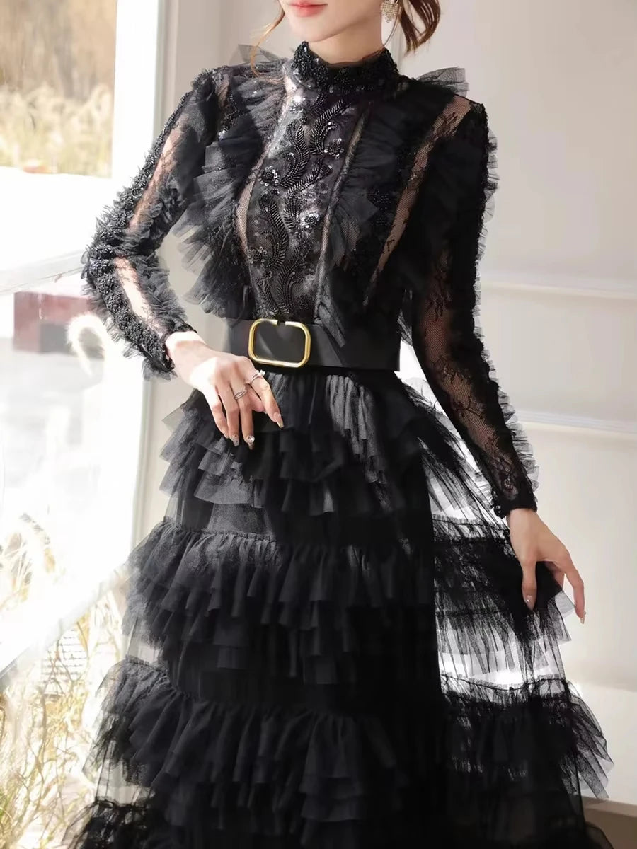 Amay Spliced Lace Hollow Mesh Dresses for Women Stand Collar Long Sleeves High Waist Slim Spliced Sashes Party Dress Female