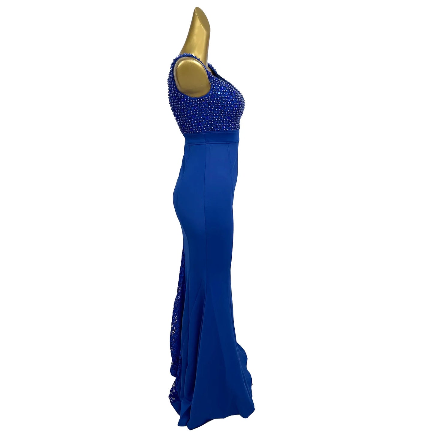 Maxy Sexy Women Elegant Blue Long Dress Spandex Fishtail Gown Birthday Party Photo Shoot Wear Prom Gala Pearls Sequins Evening Dress