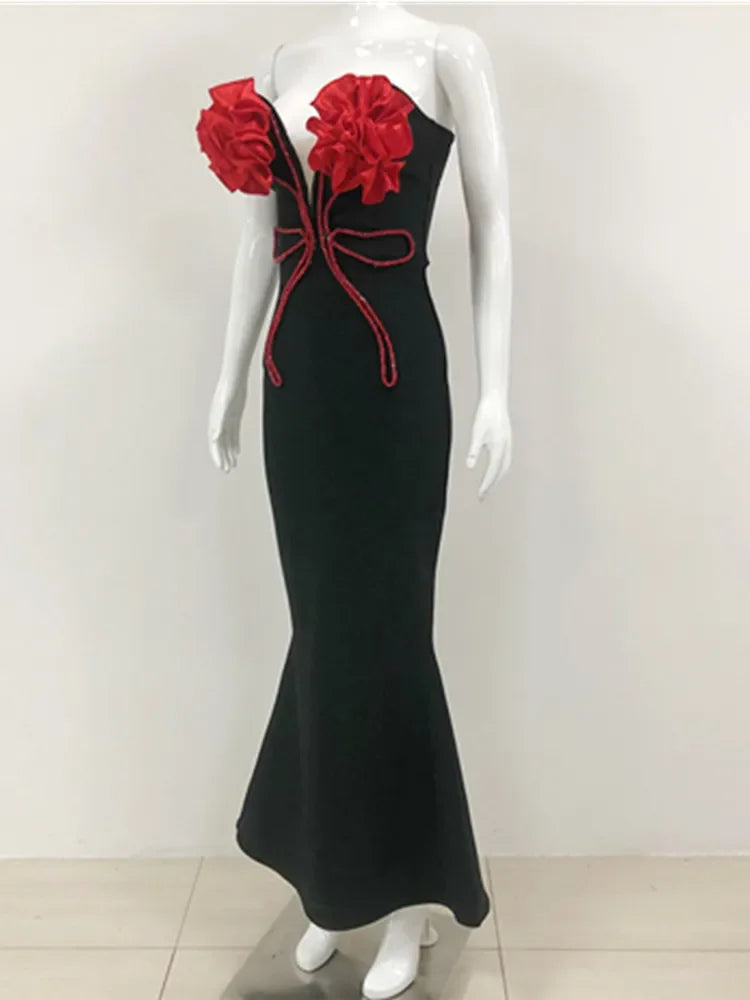 Babs Luxury Prom Gowns Women New Bandage Dress Strapless Red Appliques Balck Maxy Long Celebrity Evening Party Dresses