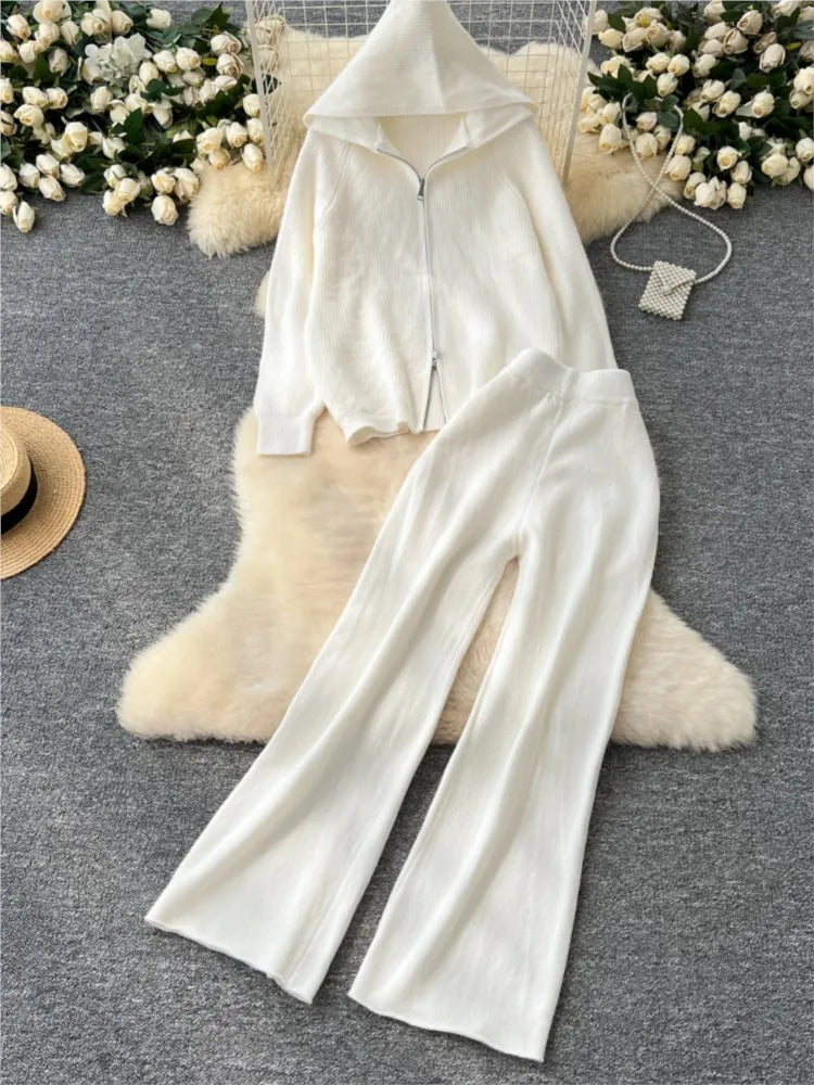 Amay Women 2 Piece Knitted Sweater Pantsuits Winter Fashion Korean Blouses Tops and Casual Pants Set Elegant Female Hoodies Outfits