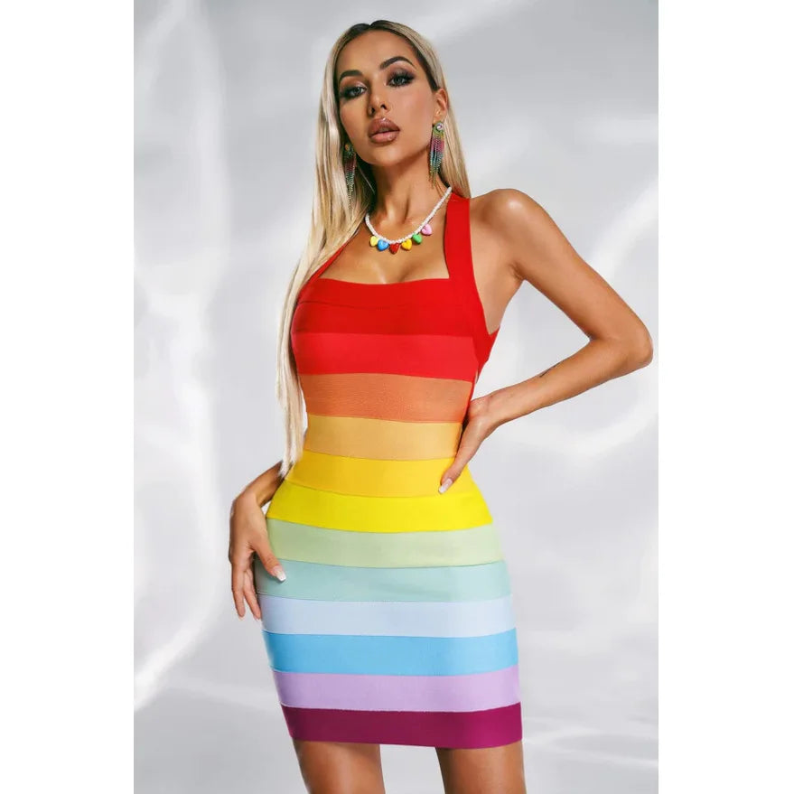 Babs High Quality Strap Gradient Bodycon Bandage Dress Women Summer Sleeveless Square Collar High Street Evening Club Party Dress.