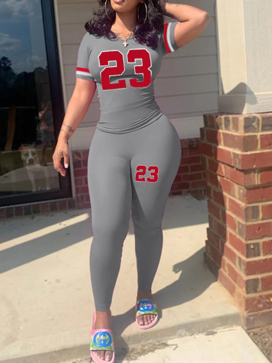 Maxy Plus Size Women Two Piece Tracksuits 23 Digital Print Skinny Pants Set  short Sleeve Sweatshirt +Skinny Pants Set Women Track
