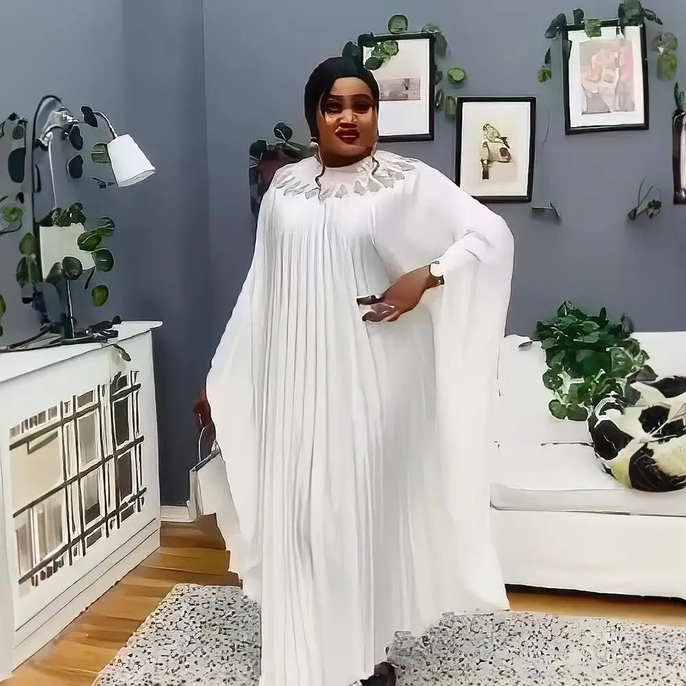 Maxy Women Pleated Diamonds Loose Maxy Evening Dress Djellaba Boubou Robe African Ankara Dashiki Dubai Turkey Abaya Kaftan Party Gown