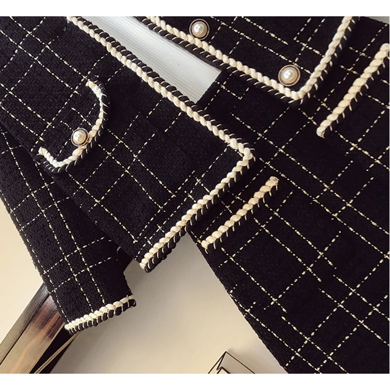 Amay Women Fried Street Tweed Suit New Spring Autumn Wool Jacket + Skirt Female Fashion Loose Tweed Skirts Two-Piece Set