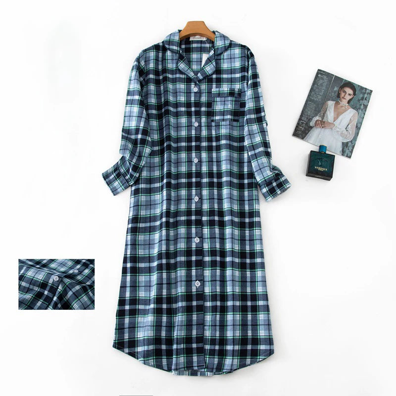 Maxy Ladies 100% Cotton Nightgown Plus Size Nightdress Long-sleeved Flannel Plaid Print Women Sleepwear Nightshirt Button UP Nightie