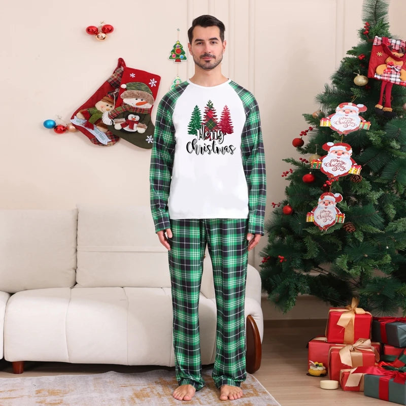 Maxy Christmas Matching Pajamas Christmas Tree Print Long Sleeve Shirt and Elastic Plaid Pants Set Loungewear Soft Sleepwear