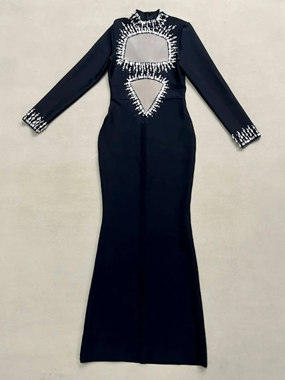 Amay Autumn Women Light Luxury Nail Bead Rhinestone Bandage Dress With Stand Up Collar Long Sleeved Hollow Bodycon Long Dress