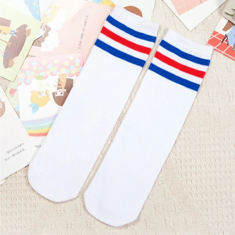 Maxy Kids Knee High Socks Girls Boys Football Stripes Cotton Sports School White Socks Skate Children Baby Long Tube Leg Warm