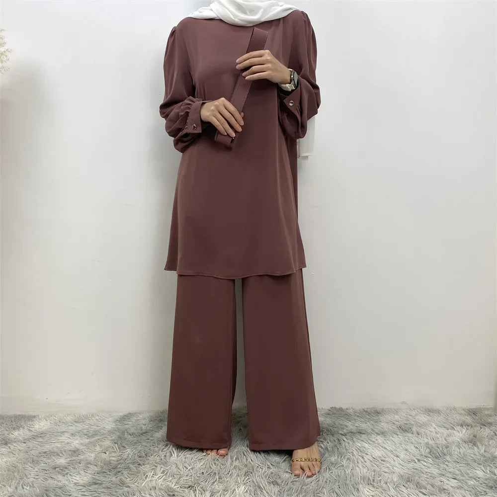Maxy Muslim Women Long Sleeve Tops Wide Leg Pants Set Eid Ramadan Islam Clothing Dubai Turkey Kaftan Dress Arabic Outfits Suit Abaya