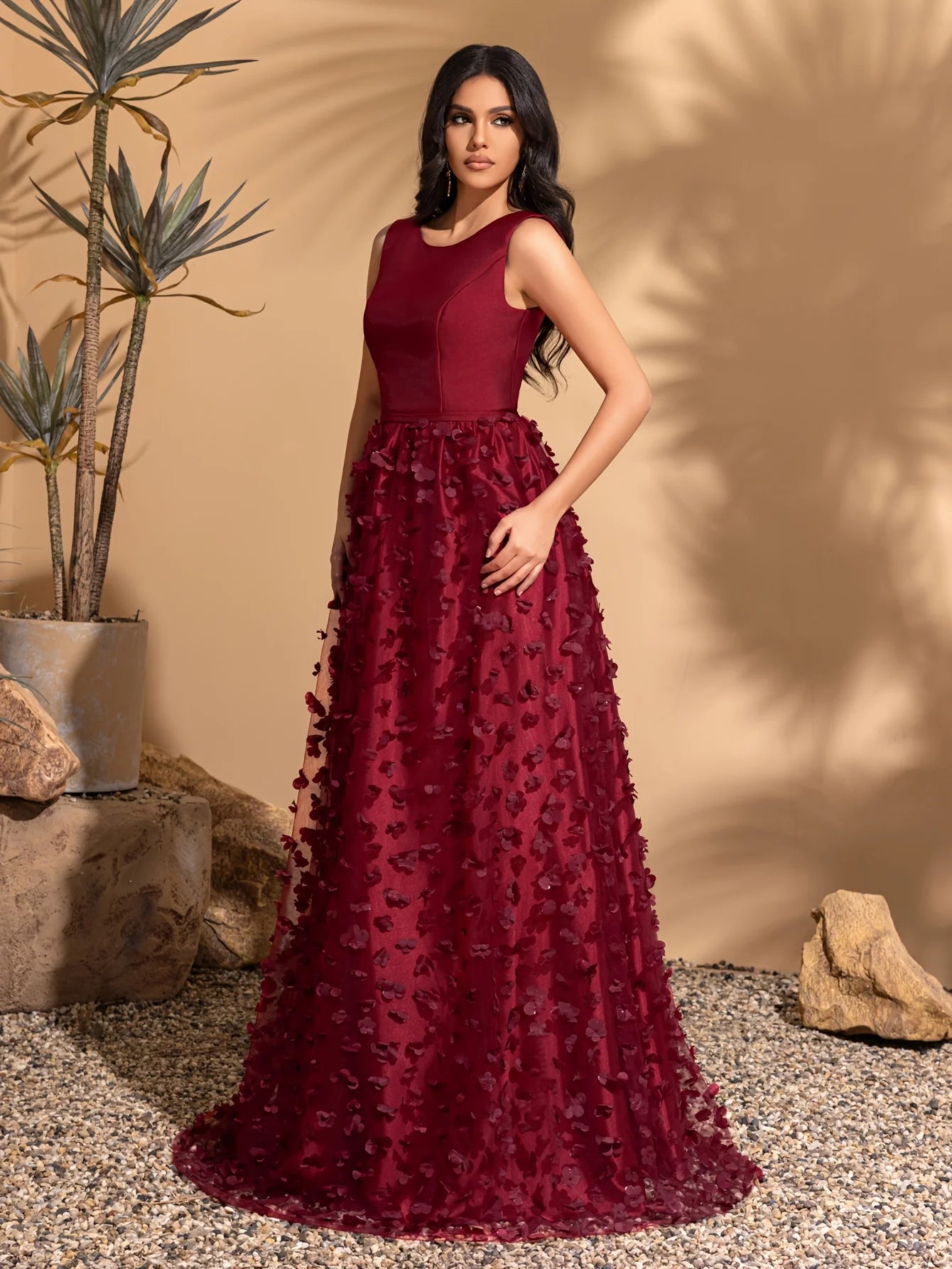 Maxy Satin round neck sleeveless flower embellishment A-line dress
