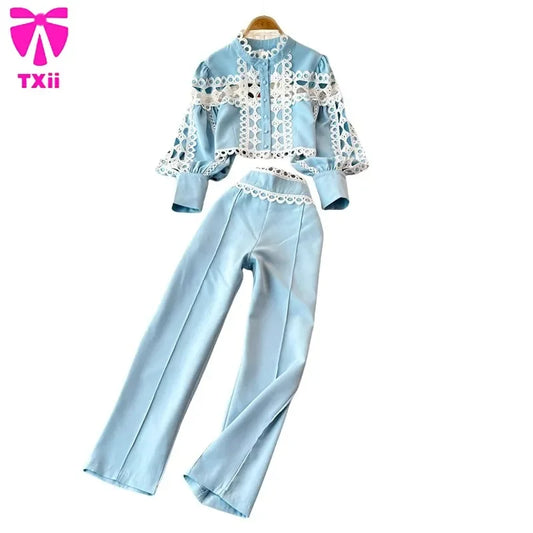 Maxy Vintage court style lantern long sleeve stand collar hollow lace top two-piece high waist temperament professional cropped pants