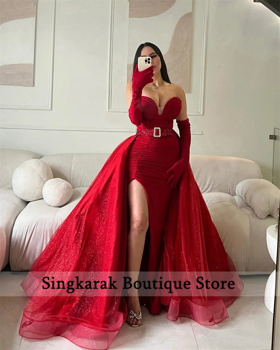 Amay Luxury Wine Red Evening Dresses Wedding Reception With Gloves Formal Occasion Party Gowns With Detachable Train Customized 