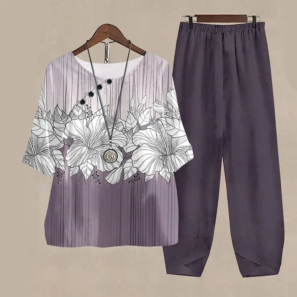 Maxy Leaf Printing Women O Neck Short Sleeve Suit Elegant High Waist Pants Fashion Top&Pants Set Casual Outfits Two Piece Sets Summer