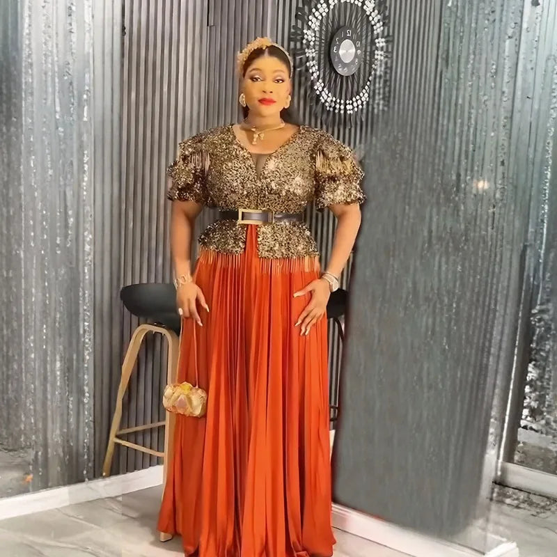 Maxy Plus Size African Women Dress Elegant Sequin Golden Dresses Evening Gown Wedding Reception Attire Dubai Party Clothes Oversize