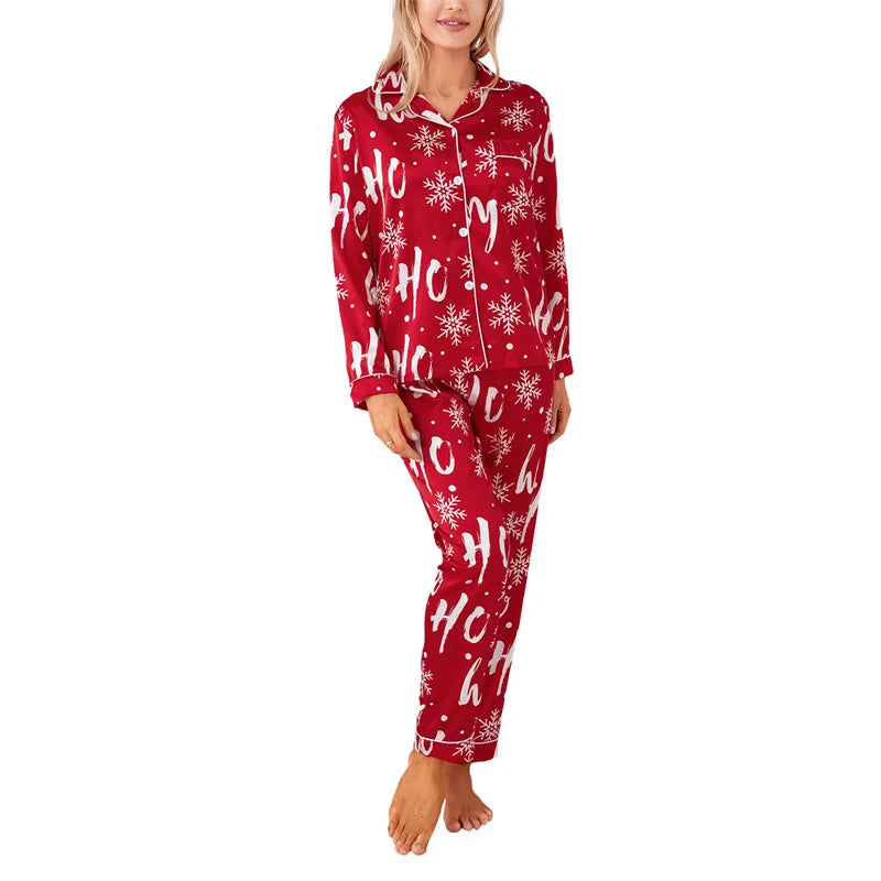 Maxy Autumn Women Pajamas Set Print Christmas Sleepwear 2Pcs Red Buttons Lapel Neck Shirt Tops + Elastic Waist Pants Sets Loungewear