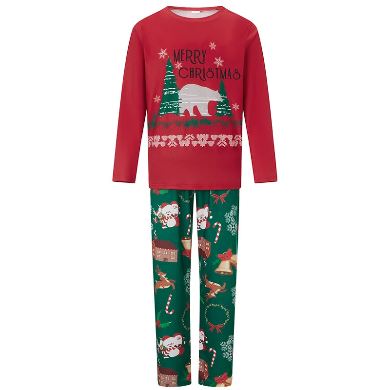 Family Matching Christmas Sleepwear Set Tree Print Long Sleeve Round Neck Tops Romper Trousers Pajama Set