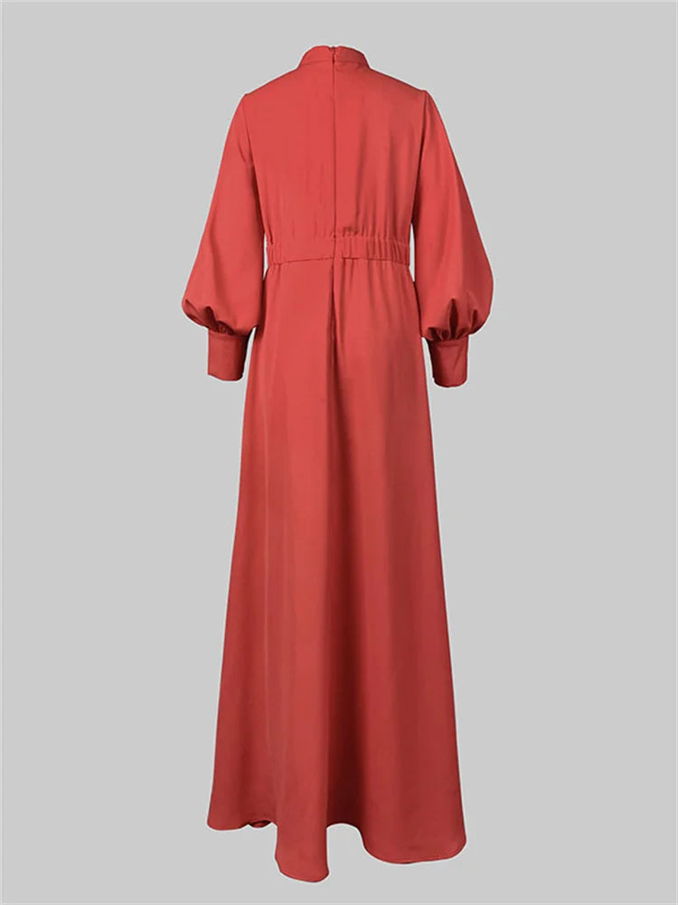 Maxy New Spring Women's Party Evening Maxy Dresses Puff Sleeves Buttoned Stand collar Hollow Elegant Red Banquet Dress