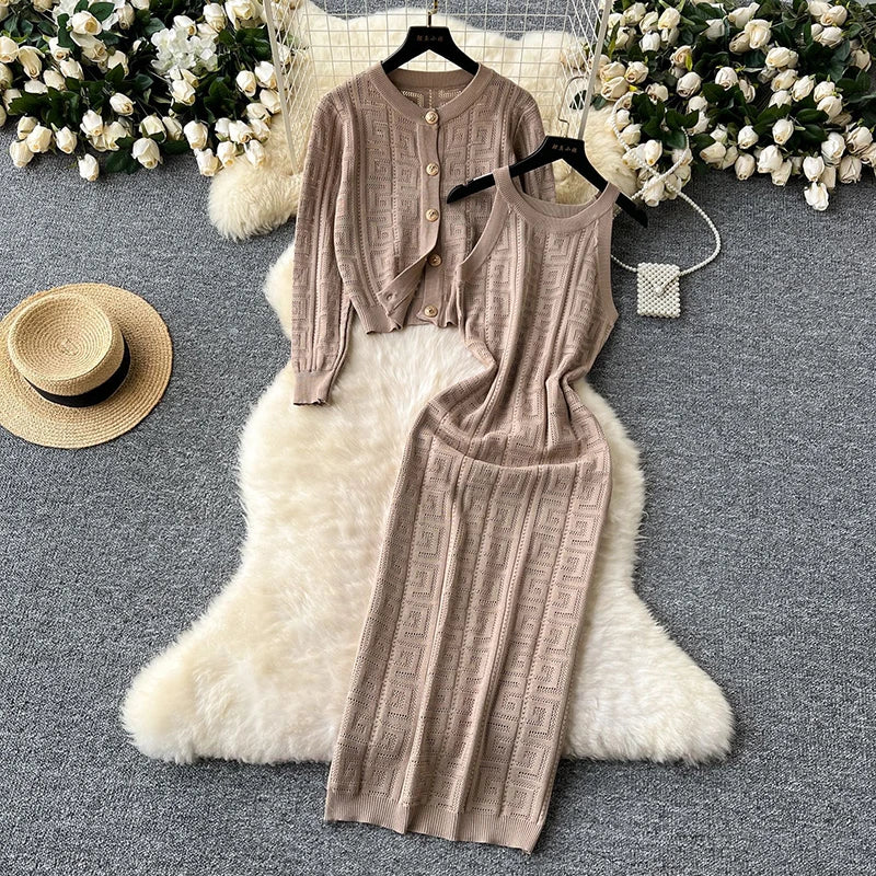 Maxy Knitted Fall Winter Warm Women 2 Piece Sets O-neck Single Breasted Cardigan Coats Tops Conjunto Korea Sleeveless Dresses Outfit