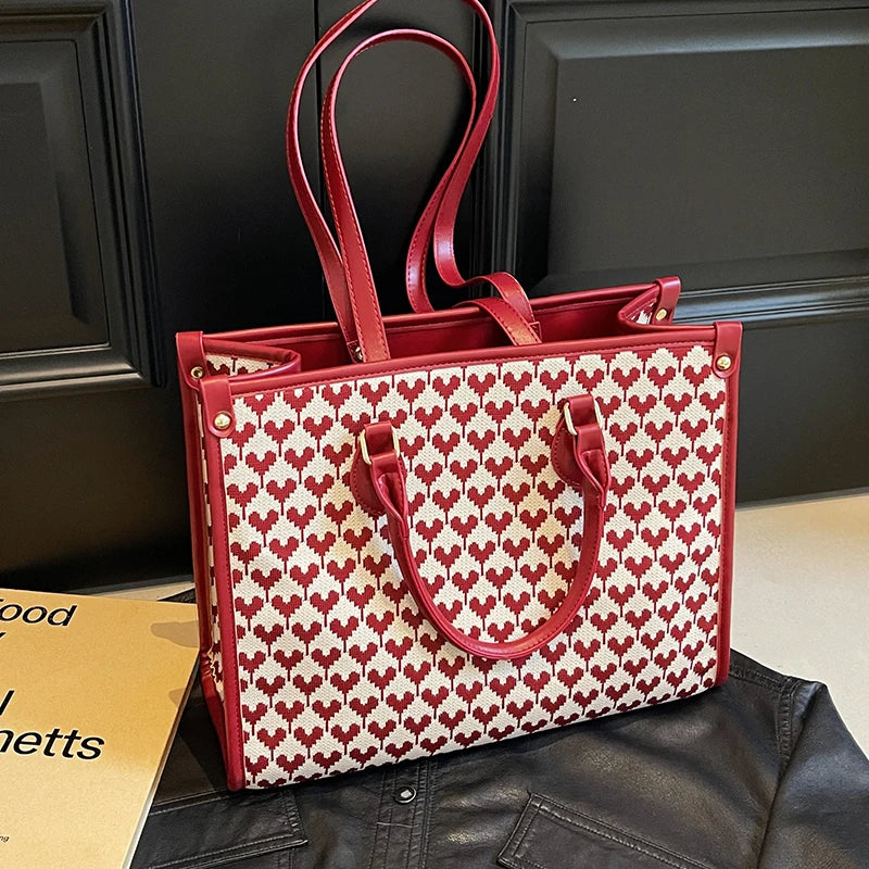 Maxy Red Love Heart Handbag For Women Large Capacity Cloth Travel Bag Fashion Hand Bag Retro Houndstooth Female Portable Tote Bag