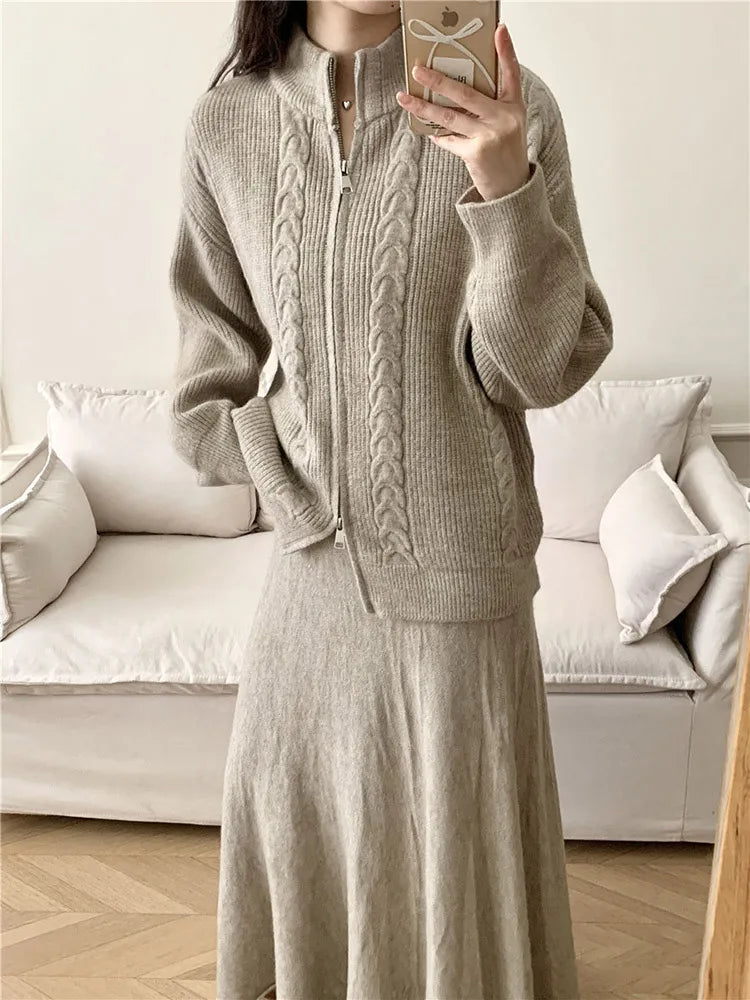 Maxy Sets For Women 2 Pieces Skirt Sweater Knitted Zipper Cardigan Stand Collar Solid Autumn Warm Winter Skirt Elegant Women's Sets