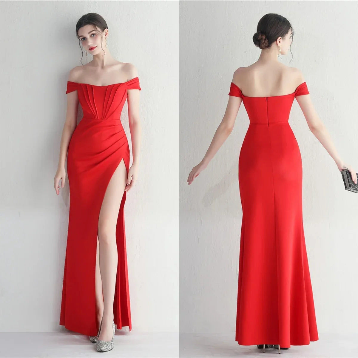 Maxy Evening Dress Red Stretchy Off the Shoulder Pleat Zipper Back Mermaid Trumpet Floor Length Slit Women Party Formal Gowns YE101