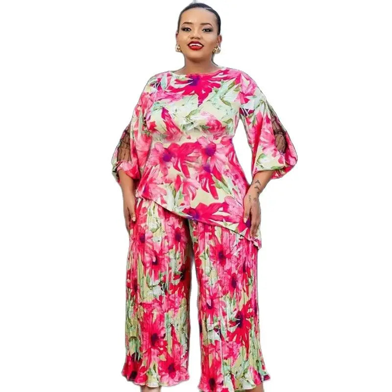 Maxy Women Elegant Printed Two Piece Matching Sets Fashion Long Sleeves Dashiki Tops And Wide Leg Pants Suits African Female Outfits