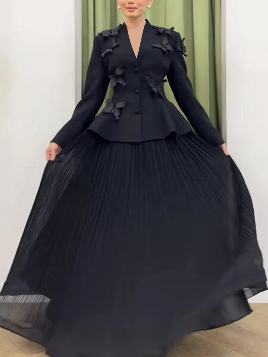 Maxy Elegant Two-Piece Sets for Women V Neck Long Sleeve Tunic Designer Coat High Waist Pleated Skirt Formal Set Female