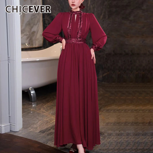 Amay Patchwork Sequined Formal Dresses for Women Stand Collar Hollow Out Long Sleeve High Waist Celebration Dresses Female