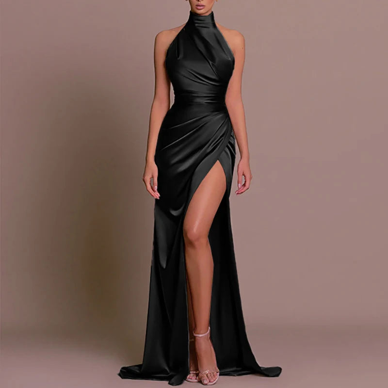 Maxy Elegant Stand Collar High Waist Robe Dress New Fashion Sleeveless Split Bridesmaid Dress Monochrome Satin Slim Women Party Dress