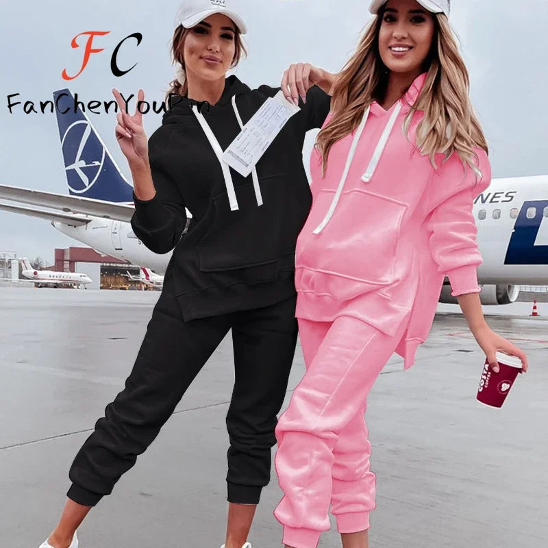 Maxy Fashion New Women's Set Autumn Winter Loose Solid Slits Pockets Hooded Pullover Elastic Waist Casual Pants Two-piece Hoodies Set