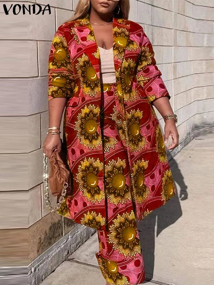 Maxy Plus Size Women Sets Two Piece Holiday Bohemian Printing Elegant Long Sleeve Outfits Fashion Casual Simple 2pc Suits