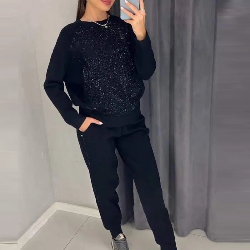 Maxy Fashion O-neck Long Sleeve Pullover & Long Pant Suit Casual Long Sleeve Solid Sweatshirt Set Elegant Sequin Patchwork Sport Set