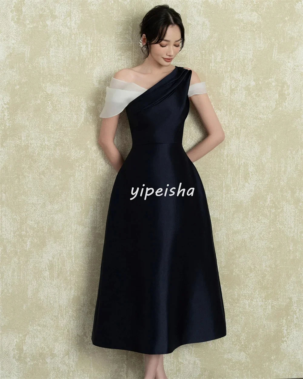 Maxy Customized Unisex Matching Fashion Pleat Rached A-line Off-the-shoulder Midi Dresses Bespoke Occasion Dresses Classic Casual