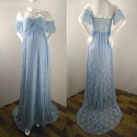 Maxy Pregnant Women Off Shoulder Ruffle Sleeve Lace Maternity Gown Maxi Photography Dress Elegant Pregnancy Dresses for Photo Shoot