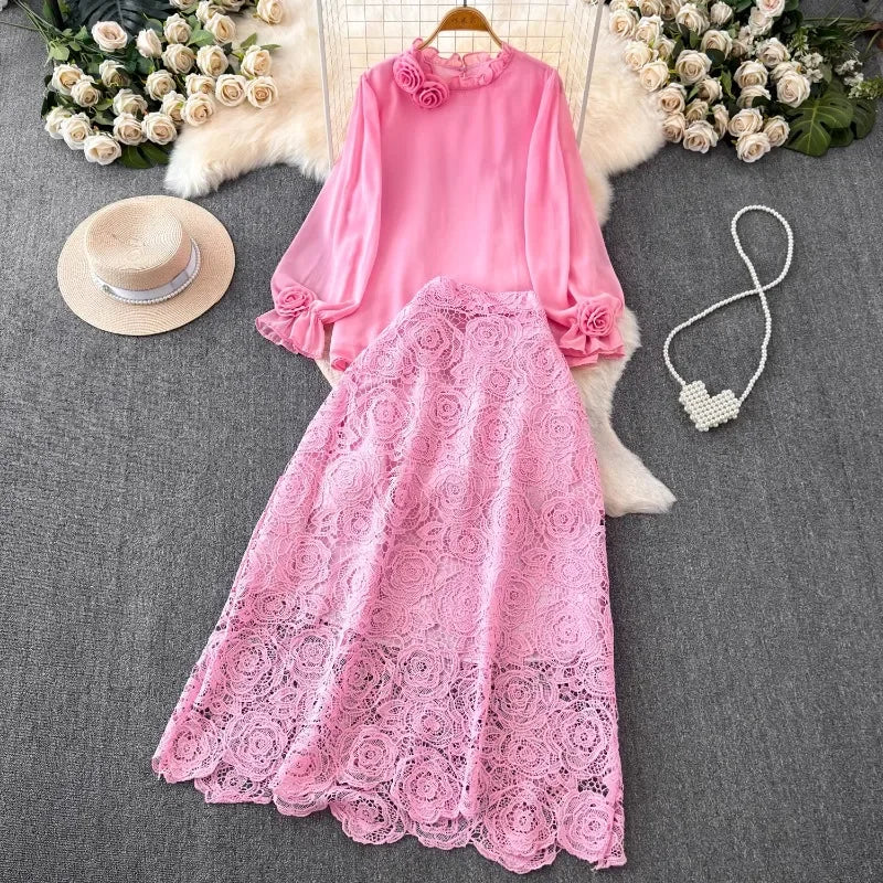 Women 2 Piece Sets Elegant Vintage O-neck 3D Flower Chiffon Shirts Hollow Out Lace Bodycon Skirts Suit Summer Two Piece Set