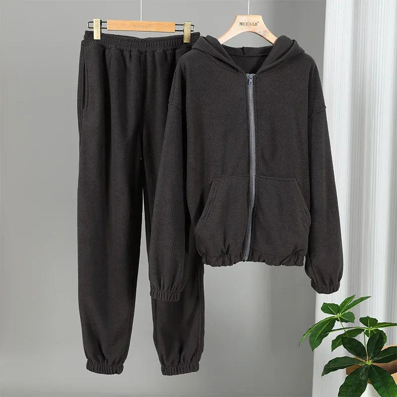 Women Tracksuit Autumn Winter Fleece Two Piece Sets Elegant Solid Oversized Warm Hoodies+Long Pant Sports Suit Ensemble Femme