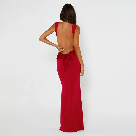 Women's Sexy Elegant Backless Butterfly Bow Maxi Bodycon Spaghetti Strap Red Dress Party Evening New Year's Eve Wedding